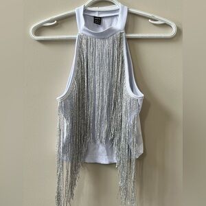 SHEIN White Tank Top with Silver Fringe